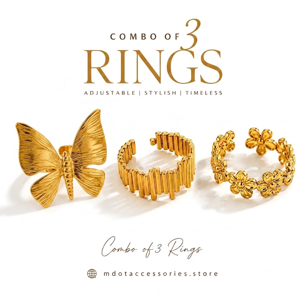 Golden Bloom and Butterfly Adjustable Ring Set (Set of 3)