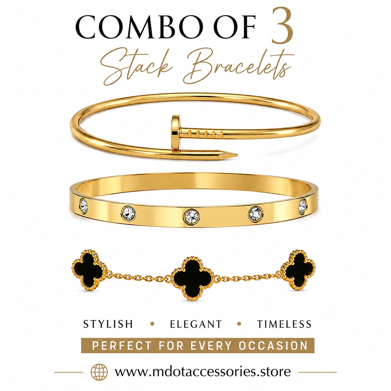 The Onyx Clover 3-Piece Gold Stack Bracelet Set