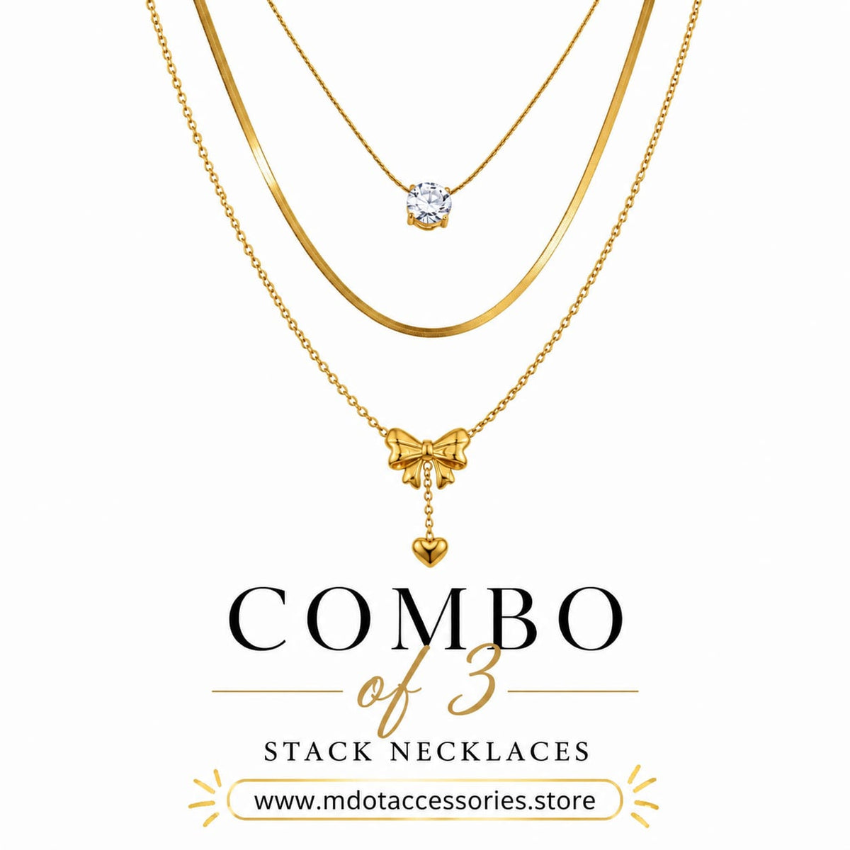 3-Piece Bow and Solitaire Gold Stack Necklace Combo