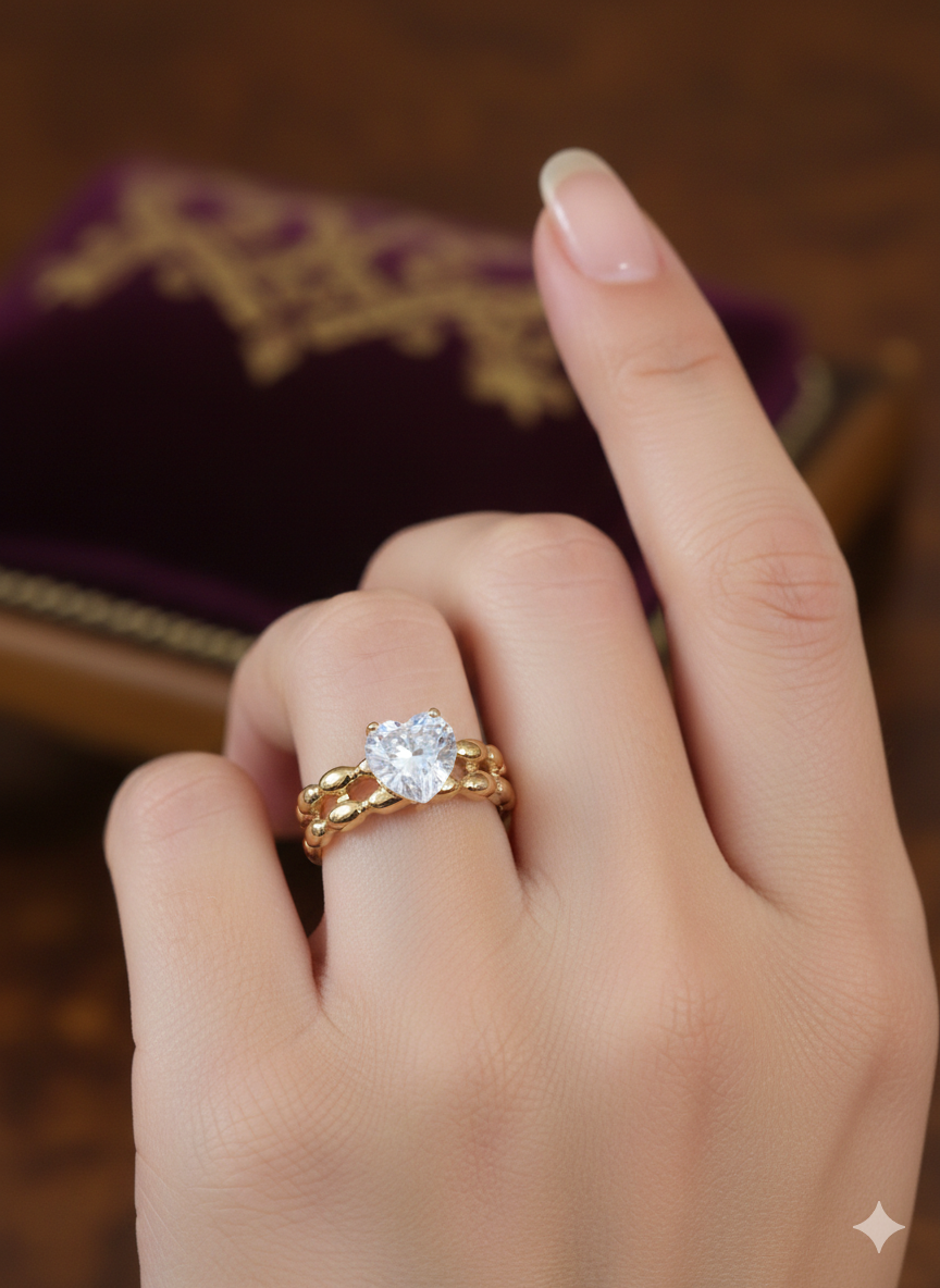 Diamond heart zircon ring worn on hand