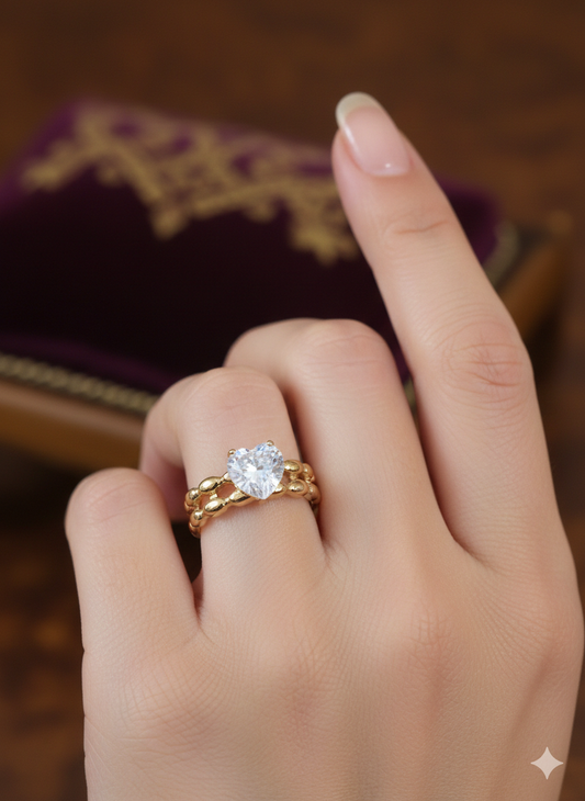 Diamond heart zircon ring worn on hand