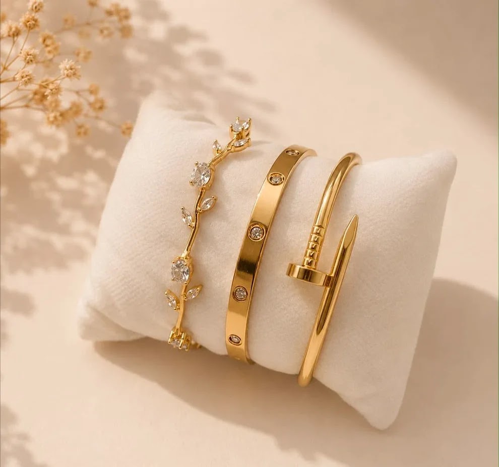 Cartier love nail bangle and rhinestone tennis stack on display