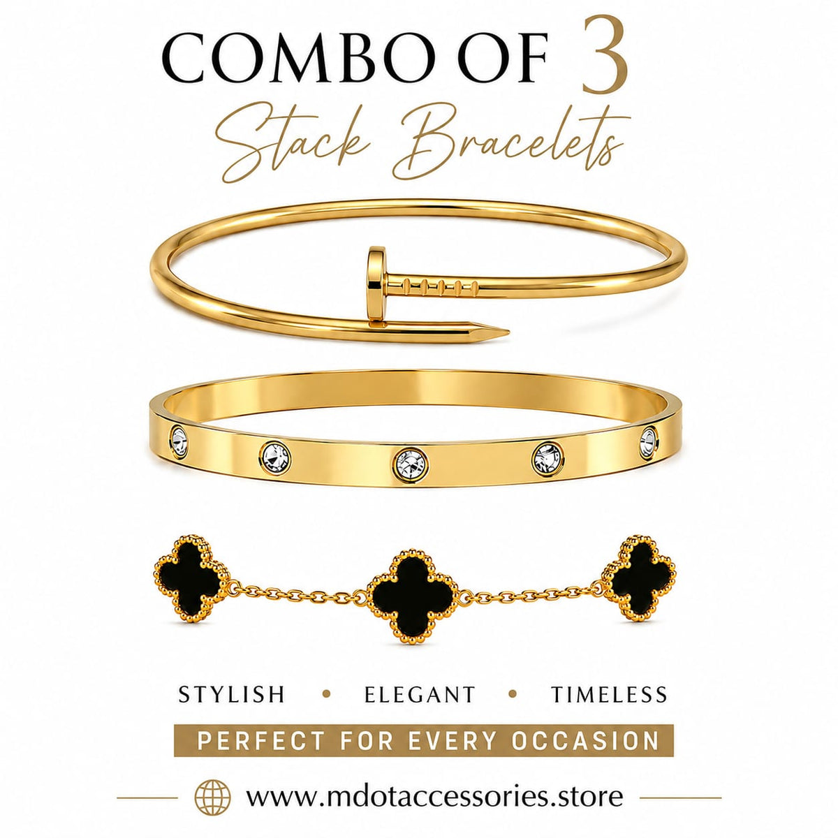 The Onyx Clover 3-Piece Gold Stack Bracelet Set