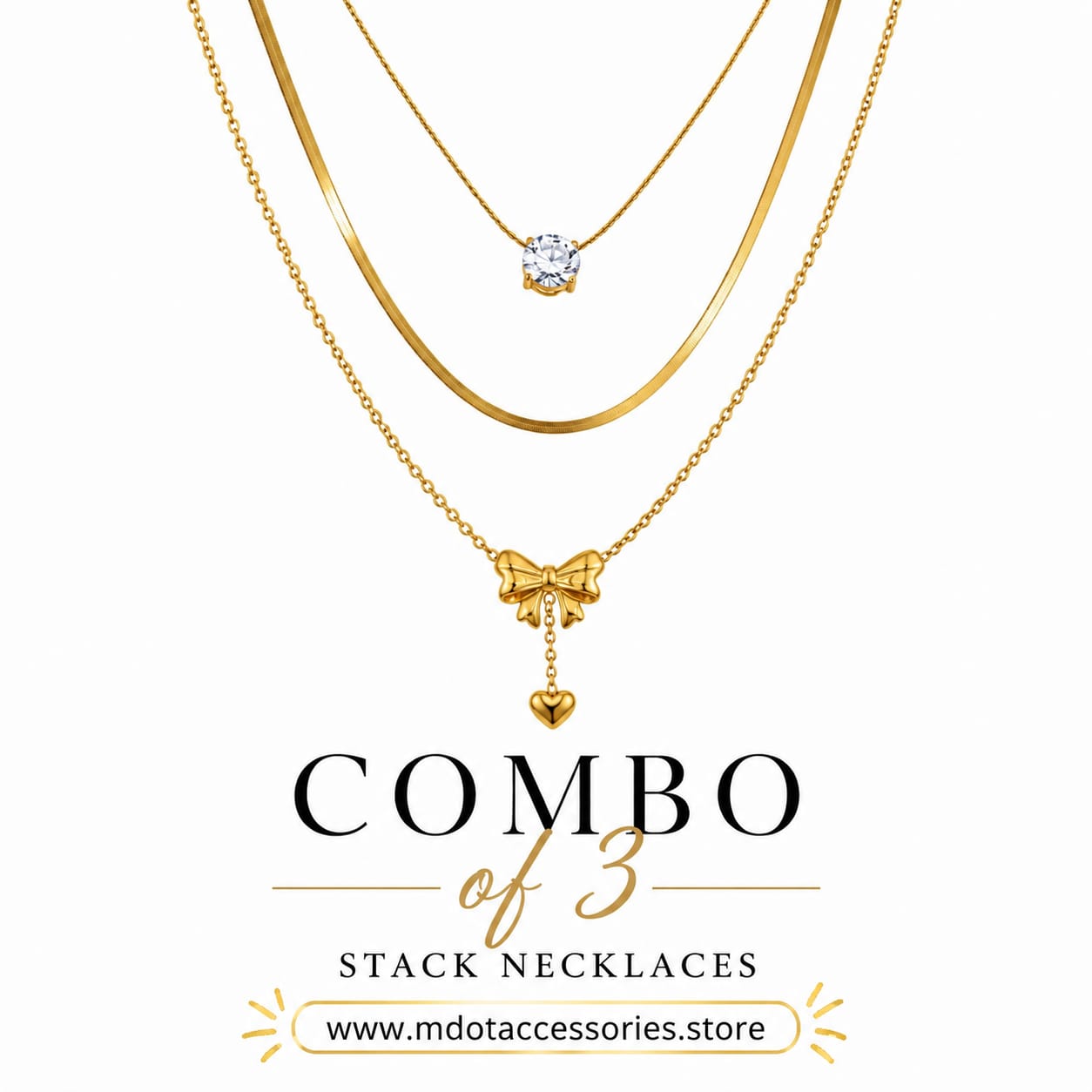 3-Piece Bow and Solitaire Gold Stack Necklace Combo
